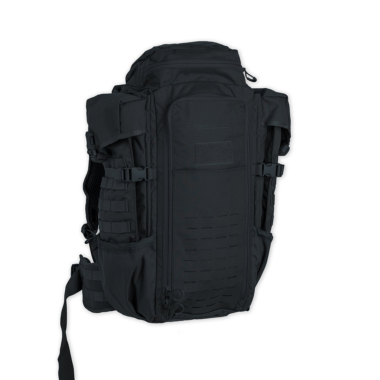 `Schwarzer Eberlestock taktischer Rucksack mit MOLLE-System, Kompressionsriemen und großem Stauraum`
