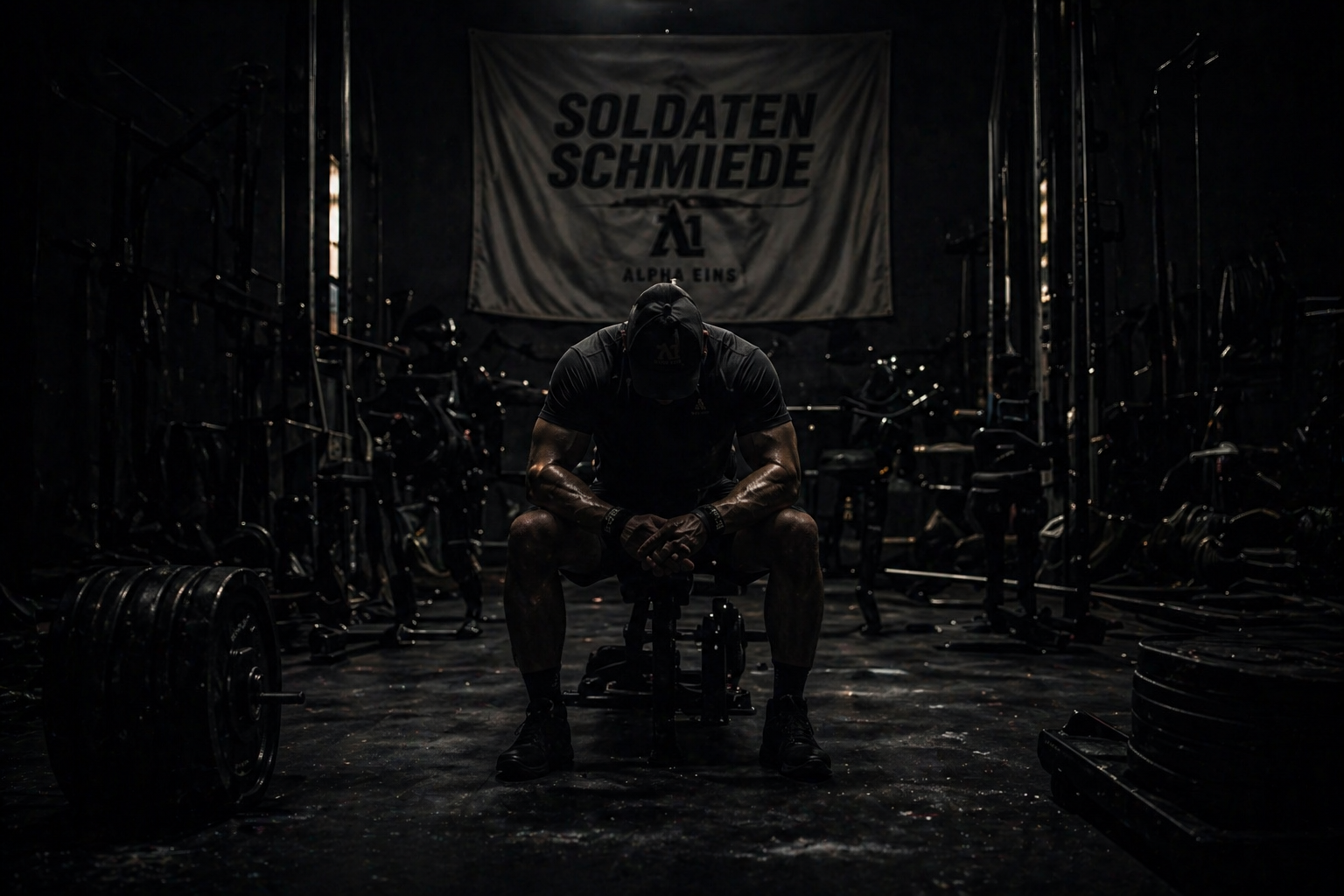 Athlet sitzt im dunklen Gym vor SoldatenSchmiede Alpha Eins Banner mit intensiver Fitness-Atmosphäre