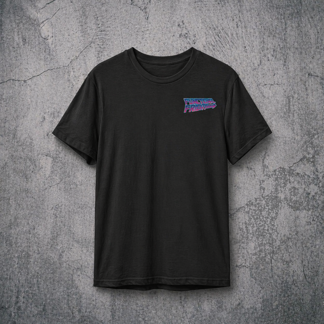 `Schwarzes Soldatenschmiede Functional Friday T-Shirt mit modernem Neon-Frontprint im Retro-Streetwear-Style`

