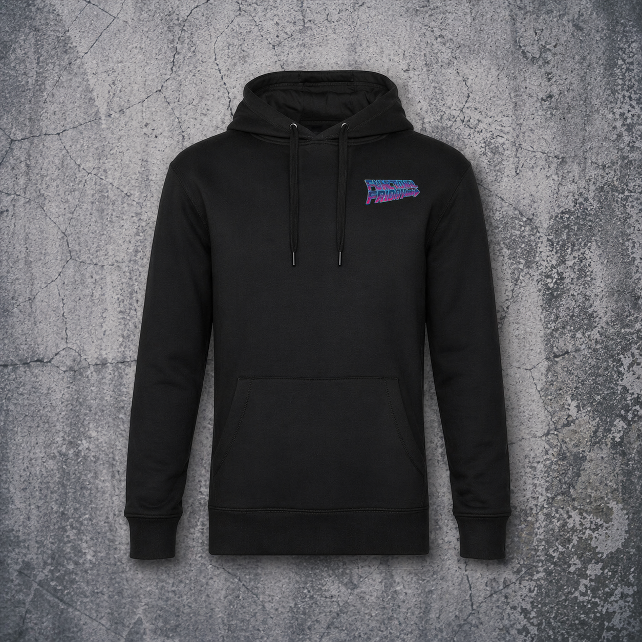 `Schwarzer Soldatenschmiede Functional Friday Hoodie mit modernem Neon-Frontprint im Retro-Streetwear-Style`
