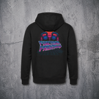`Schwarzer Soldatenschmiede Functional Friday Hoodie mit großem Neon-Backprint im Retro-Fitness- und Streetwear-Design`

