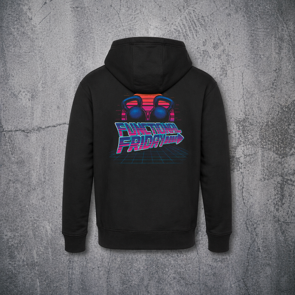 `Schwarzer Soldatenschmiede Functional Friday Hoodie mit großem Neon-Backprint im Retro-Fitness- und Streetwear-Design`
