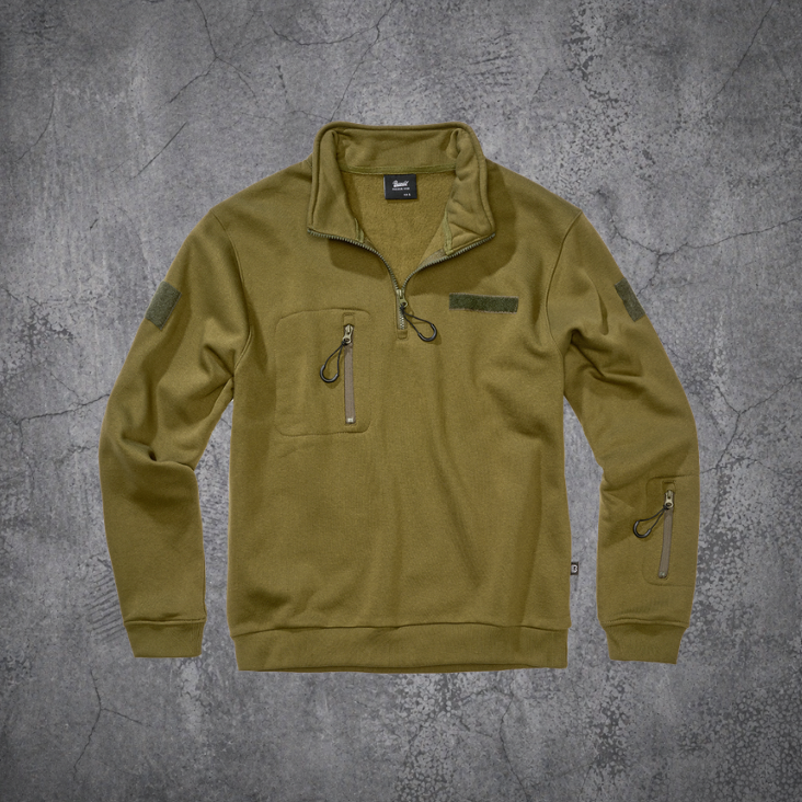 `Olivgrüner Tactical Fleece Pullover mit Half-Zip, Brusttasche und Utility-Ärmeltasche im Military Outdoor-Stil`
