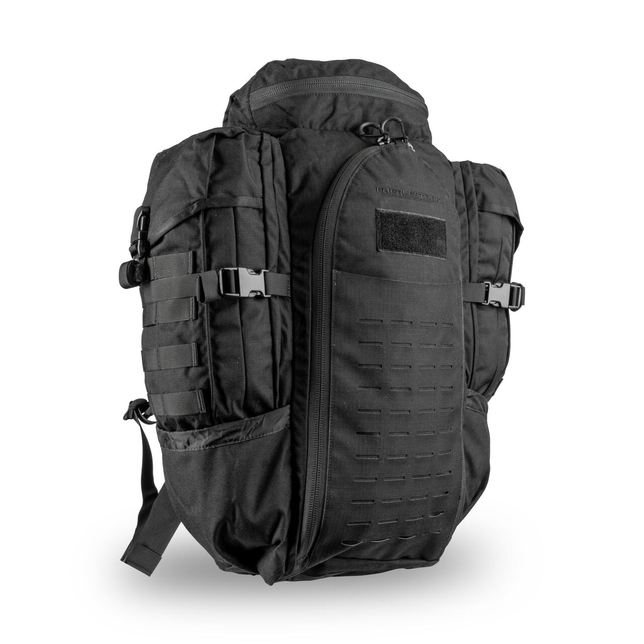`Schwarzer Eberlestock taktischer Rucksack mit MOLLE-System, Kompressionsriemen und großem Stauraum`
